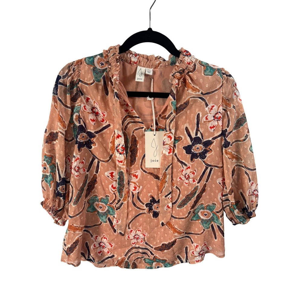 Joie Women's Peach Floral Ruffle‎ Neck Coquette Tie Blouse SZ S NEW